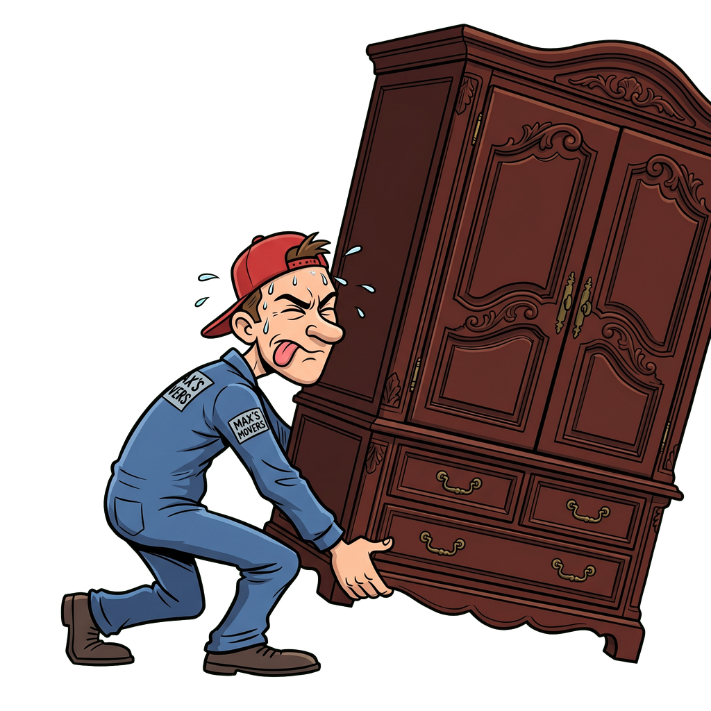 A cartoon mover straining against an enormous ornate armoire